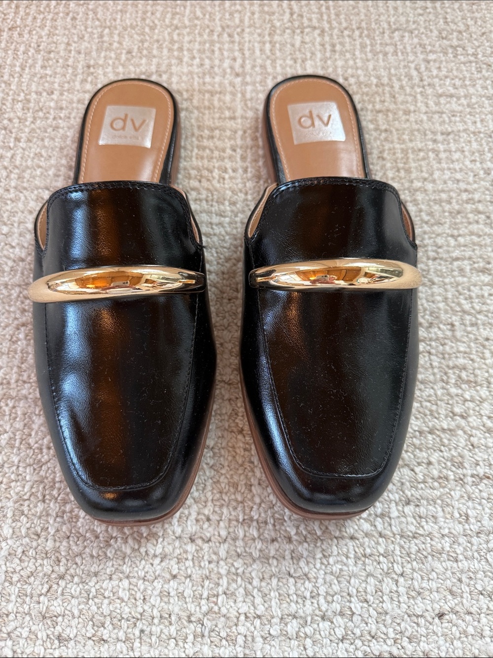 Dolce Vita Black Leather Slip-On Mules with Gold Accent - NWOT Size 9.5